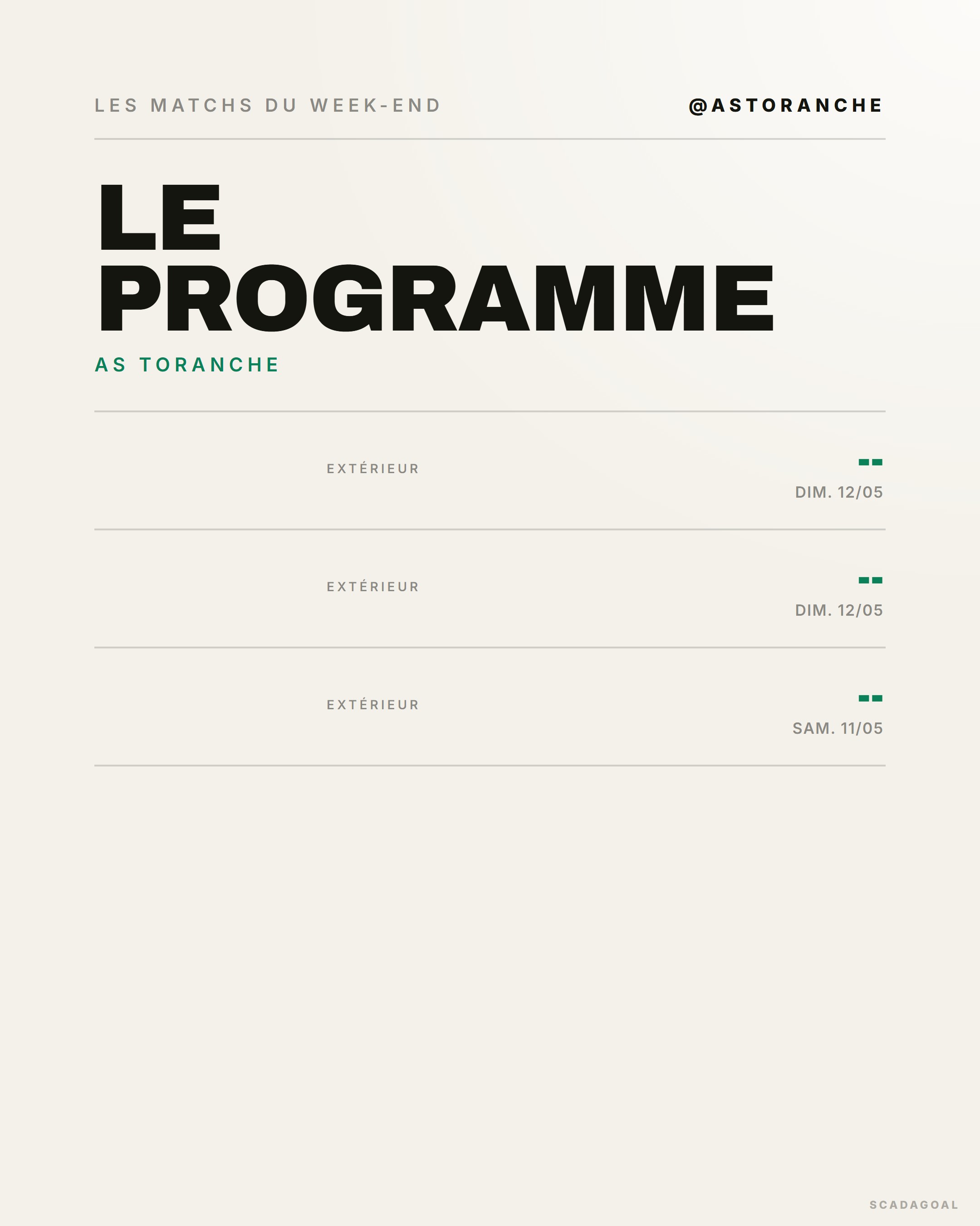 Visuel Agenda : les prochains matchs du club, style Minimal.