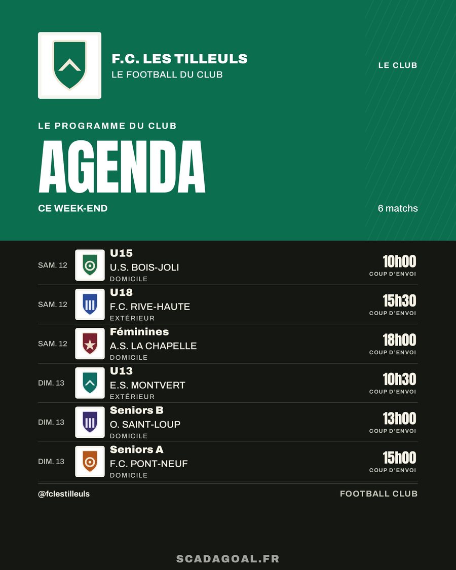 Visuel Agenda : les six matchs du week-end, des U13 aux seniors, style Impact.