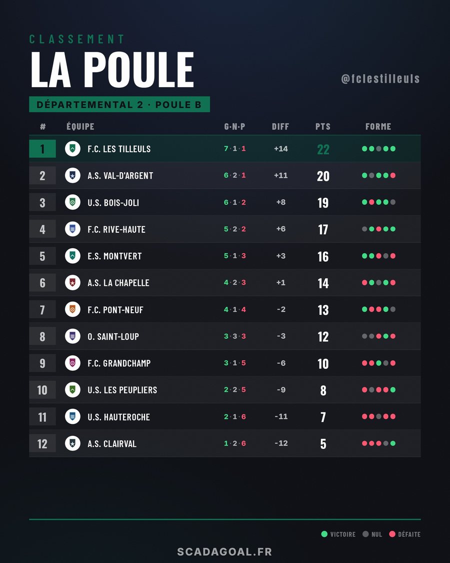 Visuel Classement : la poule avec points, différence de buts et série en cours.