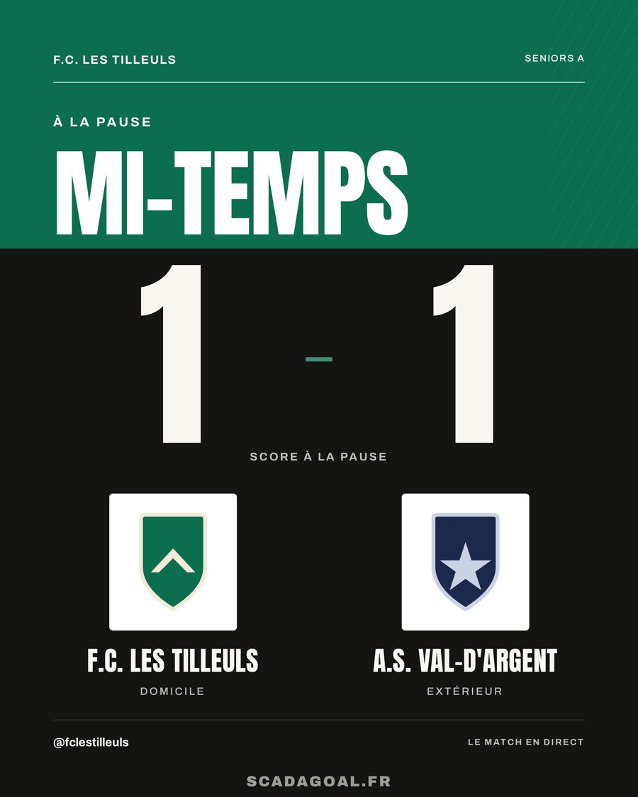 Visuel Mi-temps : le score à la pause et les deux écussons, style Impact.