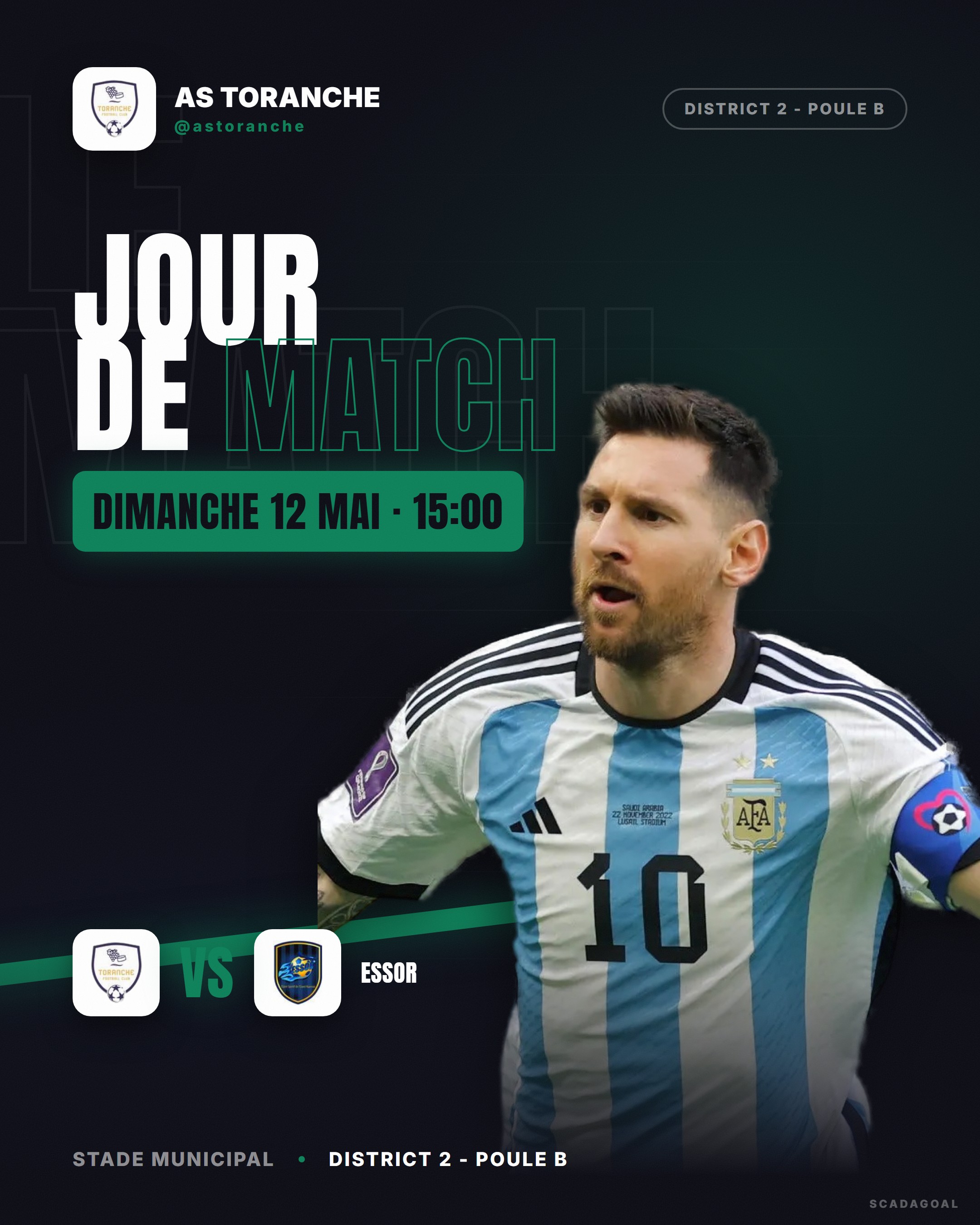 Visuel Jour de match : l'affiche du prochain match, style Spotlight.